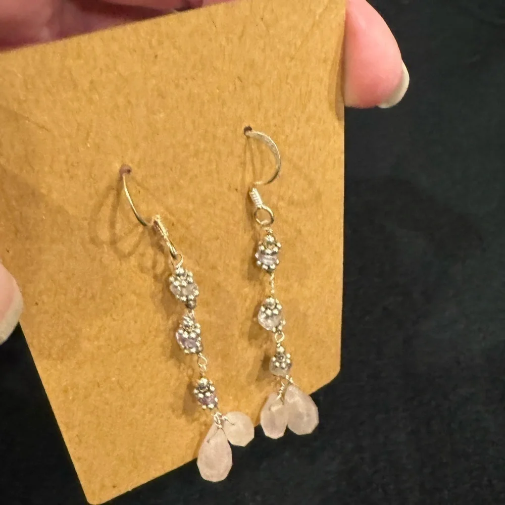 Crackled pink Quartz silver long chandelier earrings